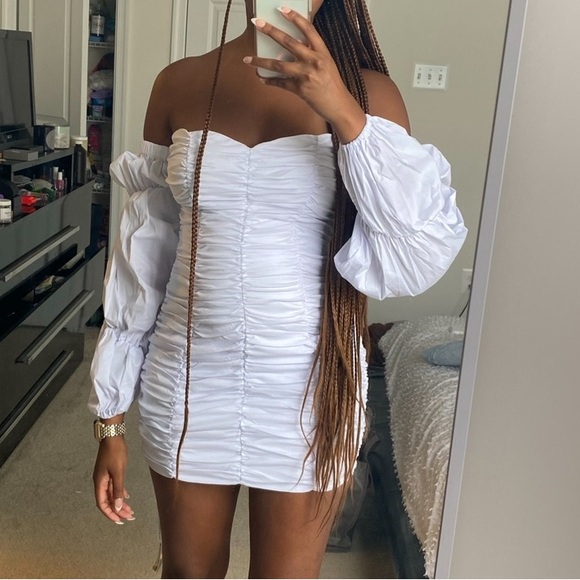 House of CB X Mistress Rocks Cross My Mind Off Shoulder Ruched Mini Dress - Picture 2 of 4